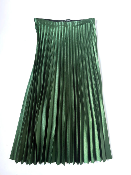Zara Green Satin Pleated Midi Skirt XS