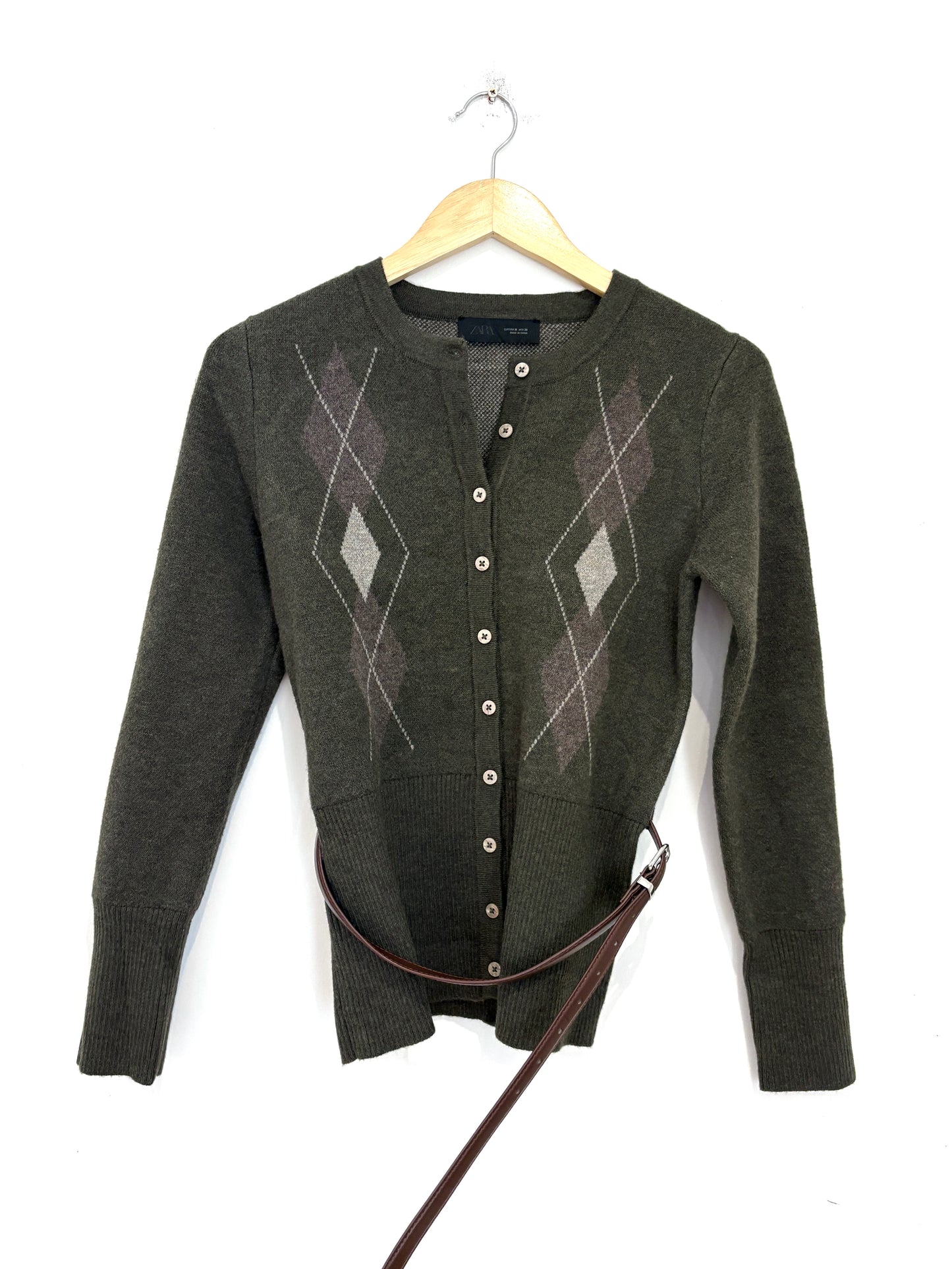Zara Diamond Print Belted Cardigan