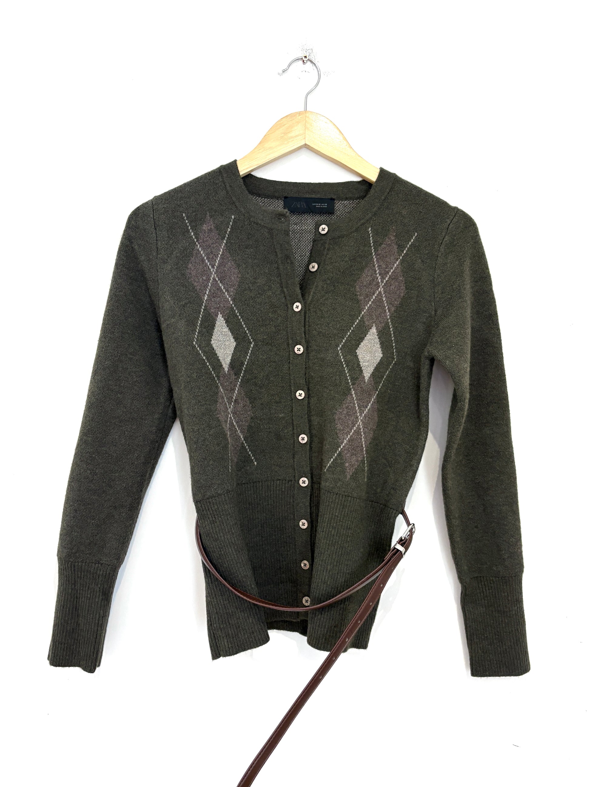 Zara Diamond Print Belted Cardigan