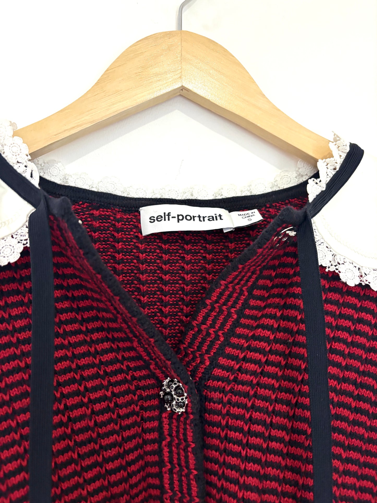 Self-Portrait Striped Lace Up Collar Cardigan S