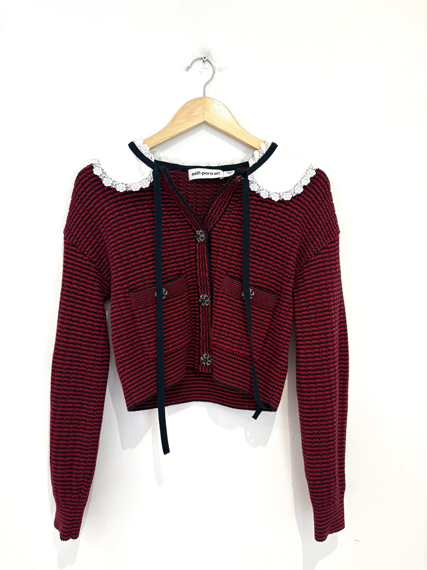 Self-Portrait Striped Lace Up Collar Cardigan S