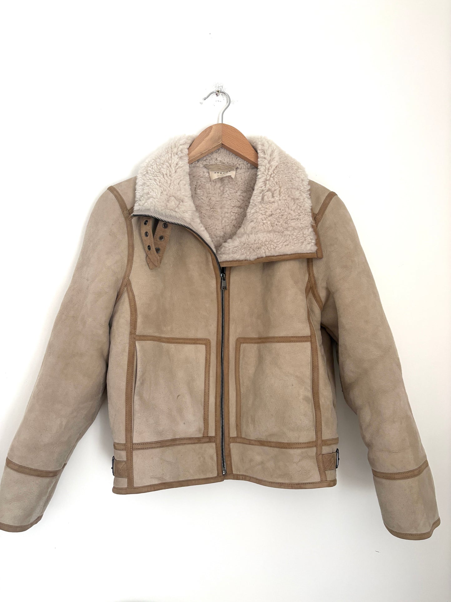 Sézane Sheepskin Beige Aviator Coat