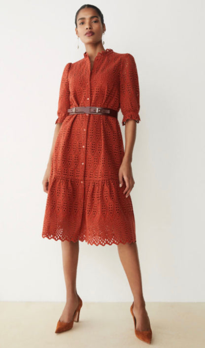 The Fold Rust Broderie Anglaise Belted Dress UK 12