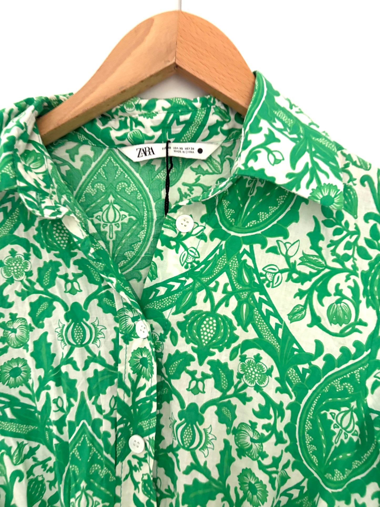 Zara Green Print Cotton Belted Dress XS