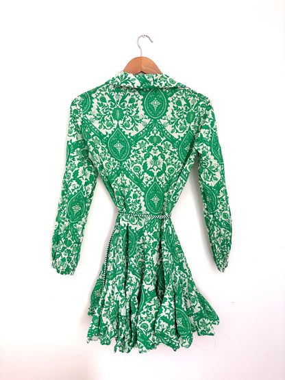 Zara Green Print Cotton Belted Dress XS