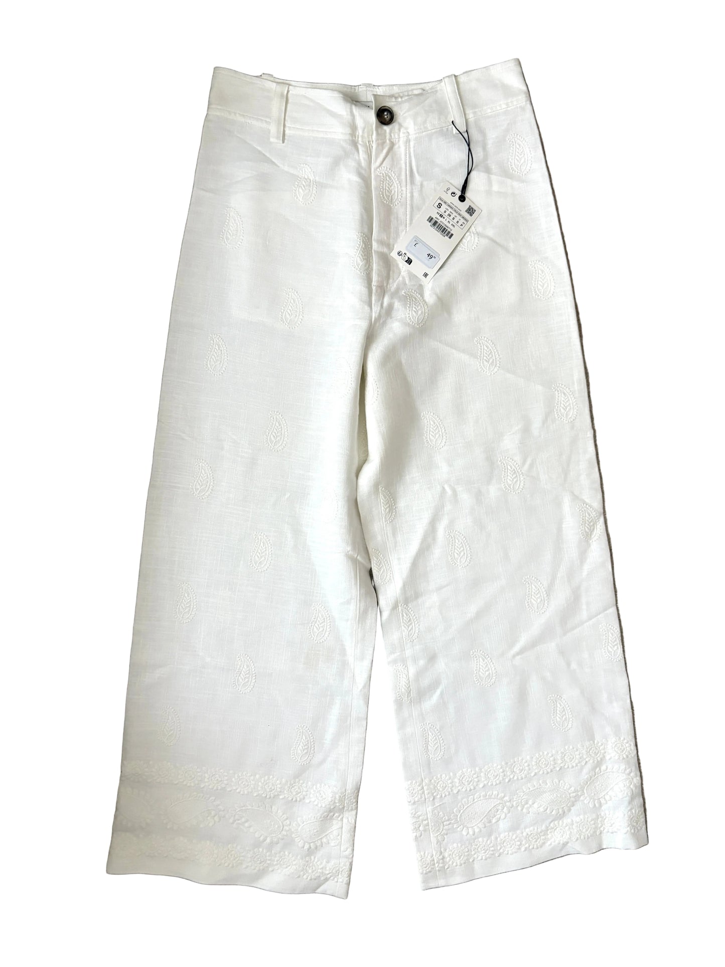 Zara Linen Blend Embroidered Trousers