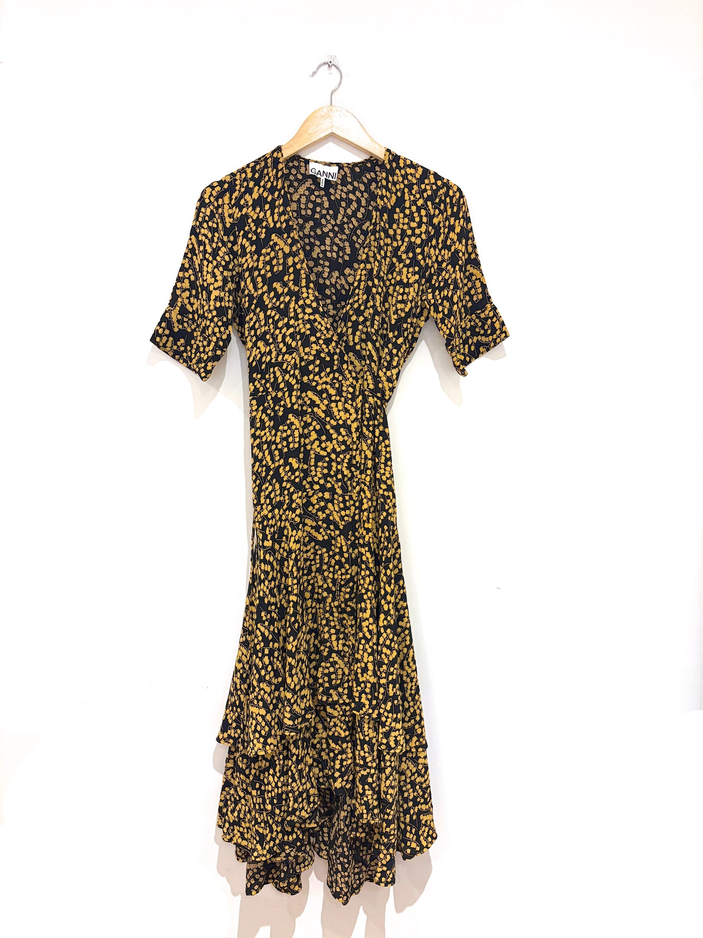 Ganni Dexter Ruffled Floral Print Midi Crepe Dress