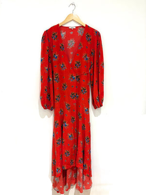 Ganni Red Floral Wrap Maxi Dress UK 10