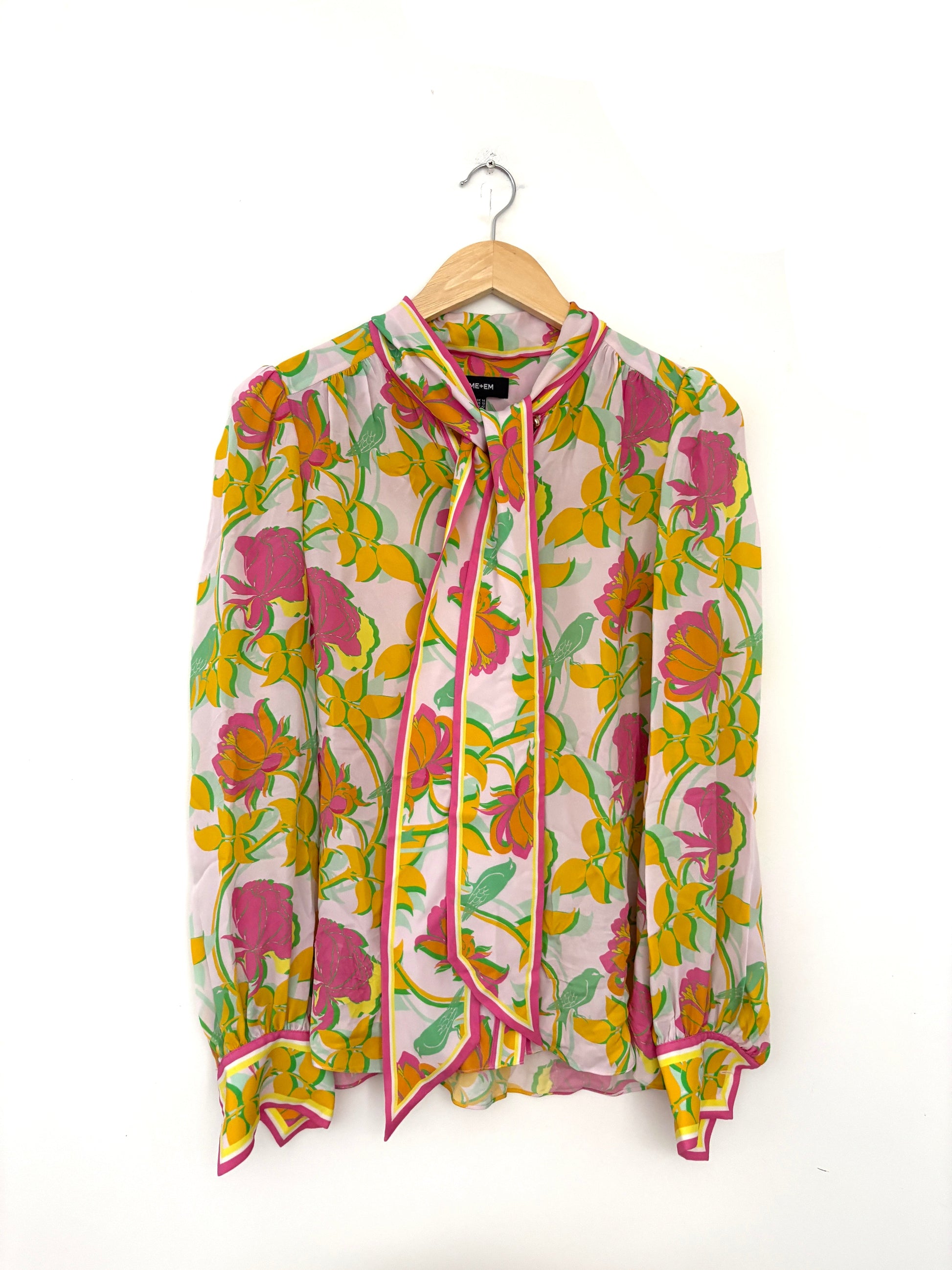 me+em SILK MAGNOLIA BIRD PRINT PUSSYBOW BLOUSE