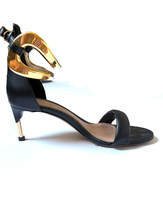 Alexander Mcqueen black leather sandals with gold metal ankle