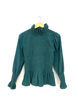 Maria de la Orden Green Corduroy Smocked Blouse M