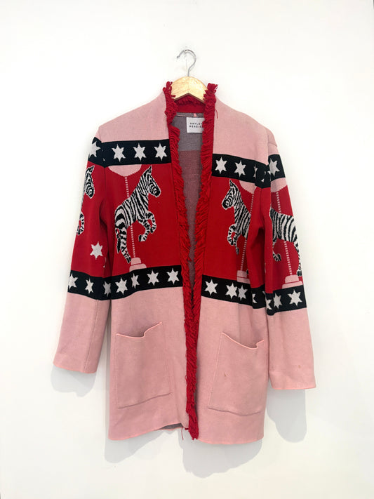 hayley menzies pink and red zebra cotton jacquard cardigan