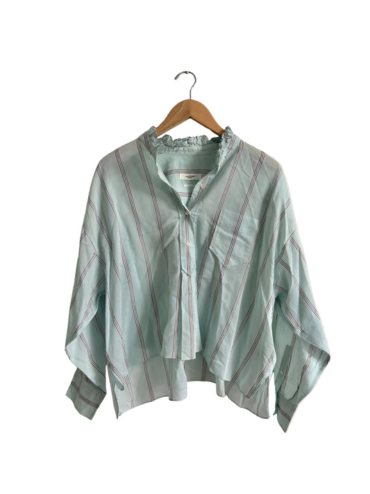 isabel marant etoile olena striped ruffle neck blouse green cotton shirt