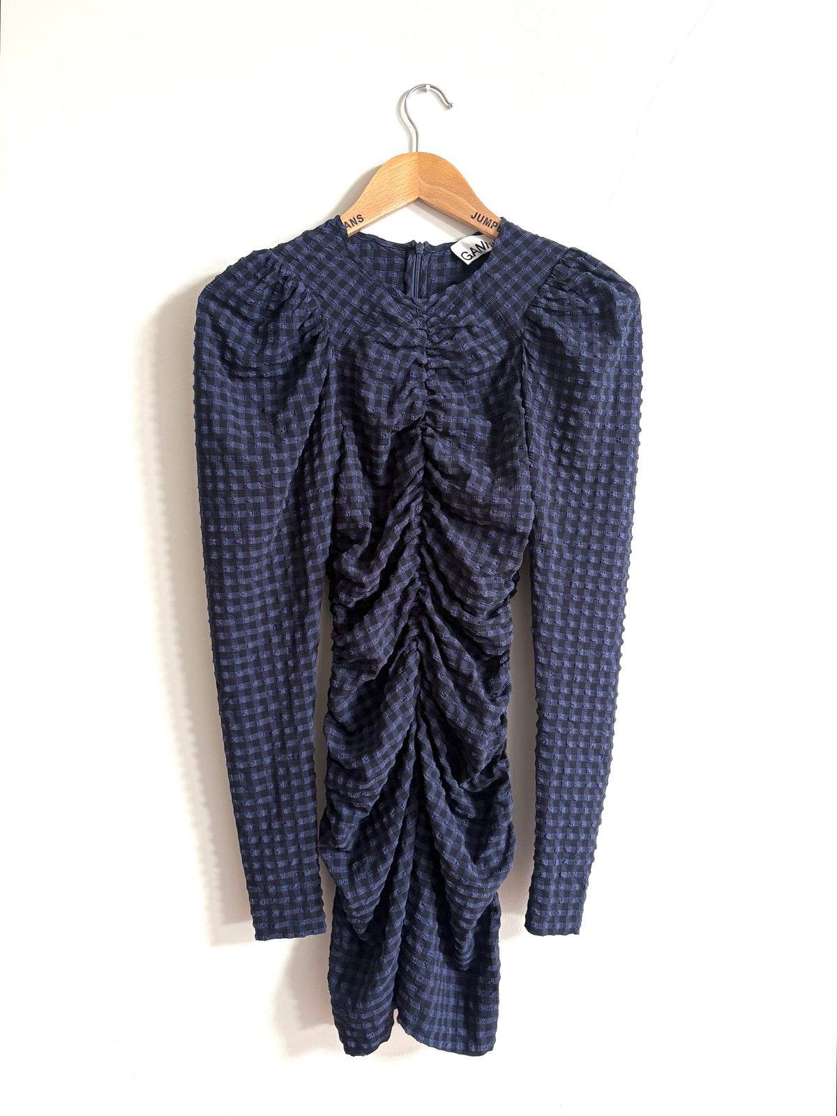 Ganni blue checkered seersucker o-neck mini dress
