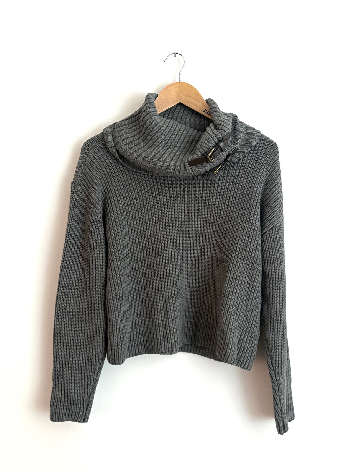 lauren ralph lauren buckle trim cotton rib knit roll neck sweater in grey