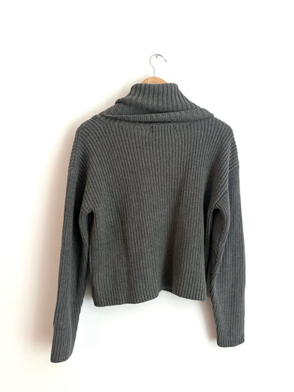 Lauren by Ralph Lauren Grey Buckle-Trim Cotton Ribbed Roll Neck Knit S