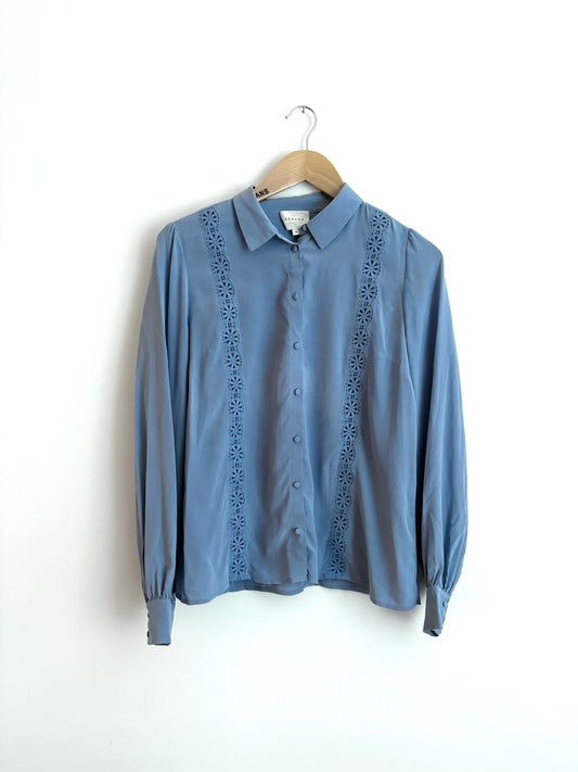 sezane roman blue silk blouse