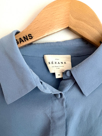 Sézane Roman Silk Blue Blouse UK 8