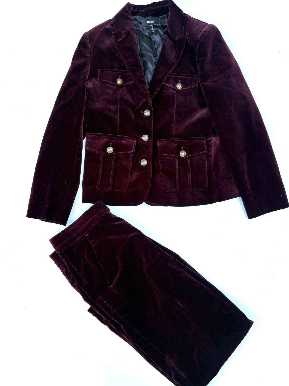 Me+Em Burgundy Velvet Evening Jacket and trousers