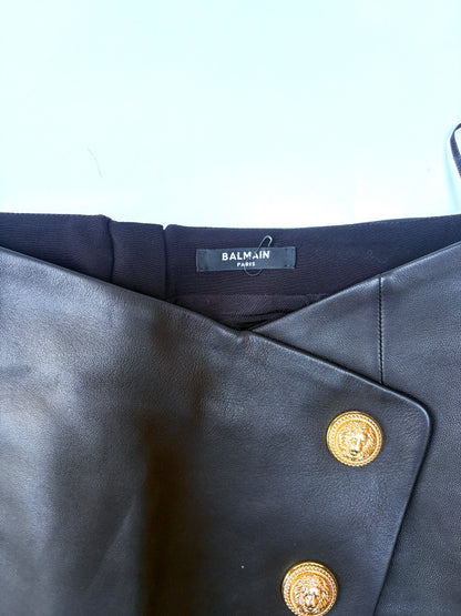 Balmain Leather Asymmetric Gold Button Wrap Skirt UK 12