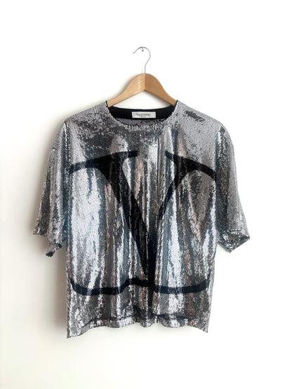 Valentino Garavani VLogo Sequined T-shirt in Silver