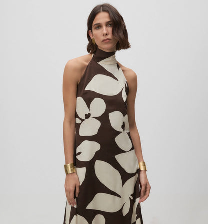 Simorra Brown Leaf Halterneck Dress UK 8