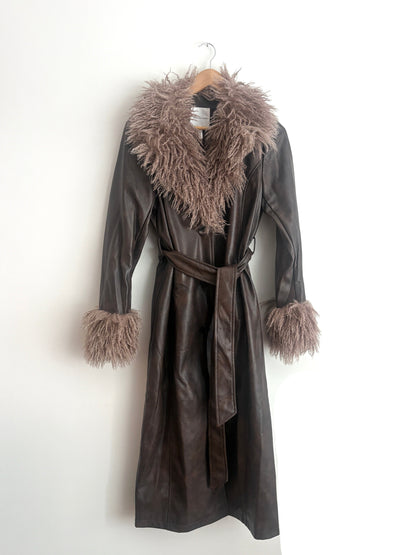 Avec Les Filles Chocolate Brown Faux Leather and Trim Coat