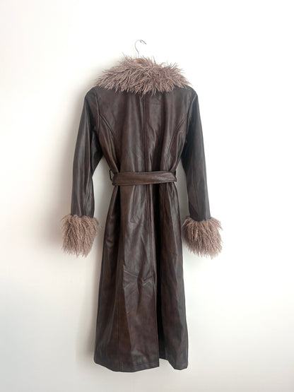 Avec Les Filles Chocolate Brown Faux Leather and Trim Coat S