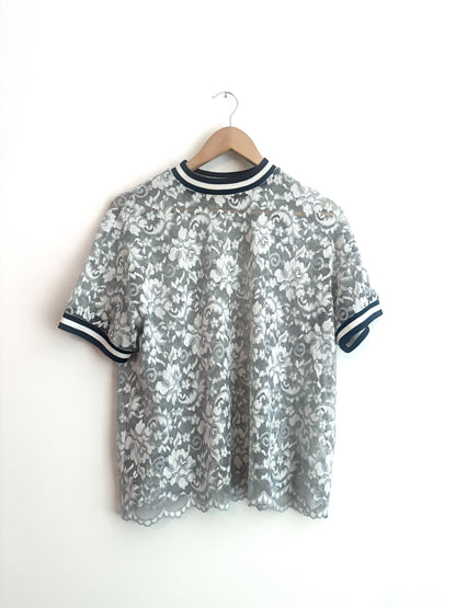 Ganni light blue floral lace short sleeve top
