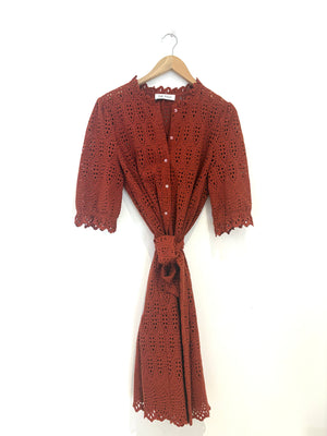 The Fold Rust Broderie Anglaise Belted Dress UK 12