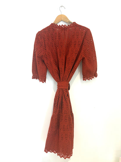 The Fold Rust Broderie Anglaise Belted Dress UK 12