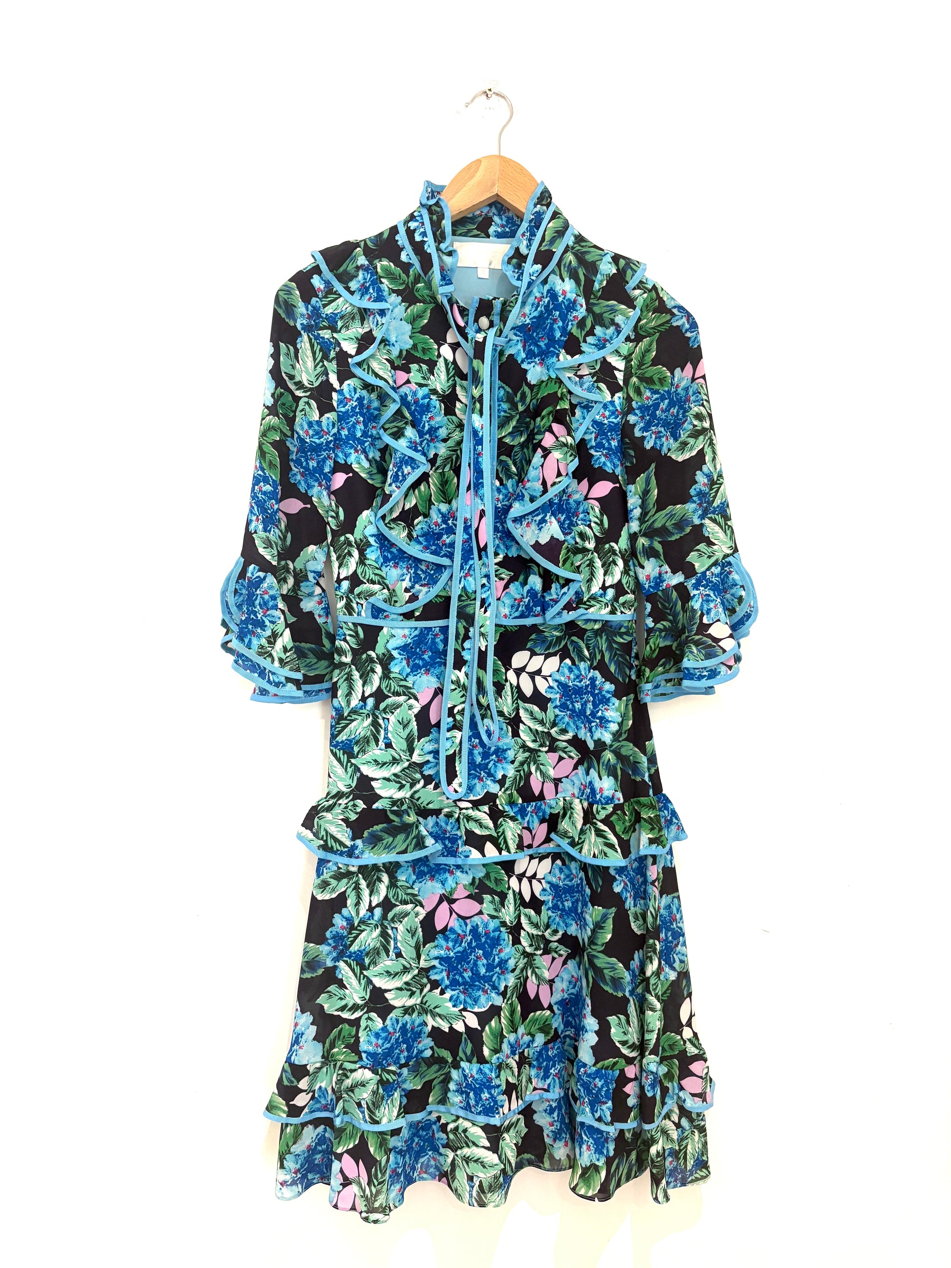 Mikael Aghal Blue Floral Ruffle Dress