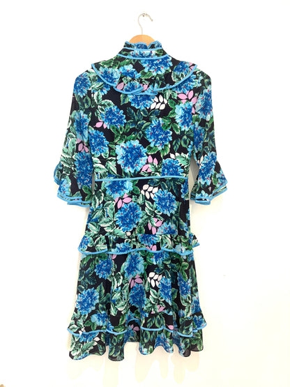 Mikael Aghal Blue Floral Ruffle Dress UK 4