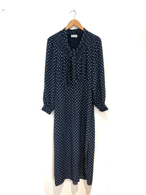 Rixo Navy Polka Dot Silk Midi Dress UK 14