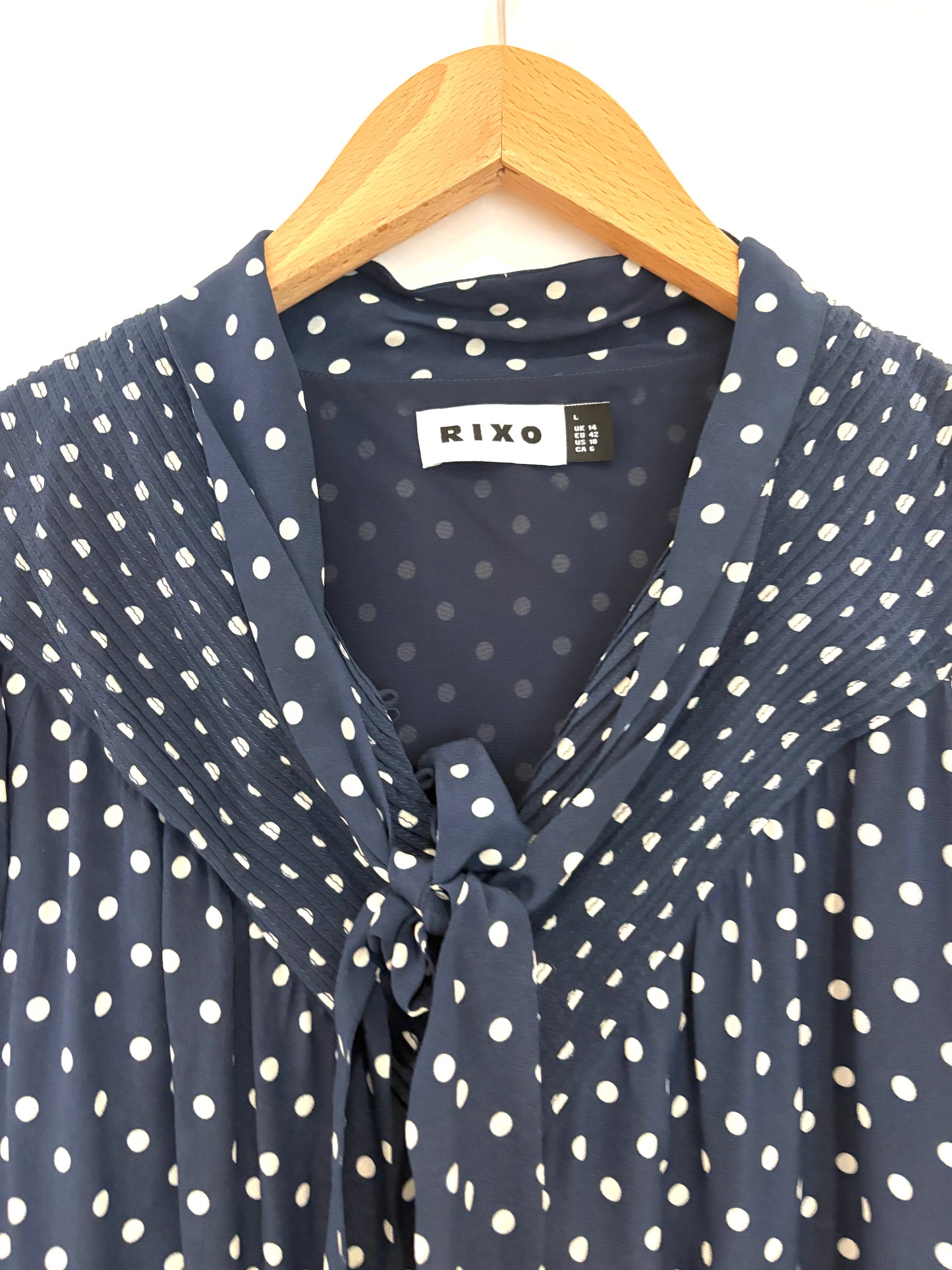 Rixo Navy Polka Dot Silk Midi Dress UK 14