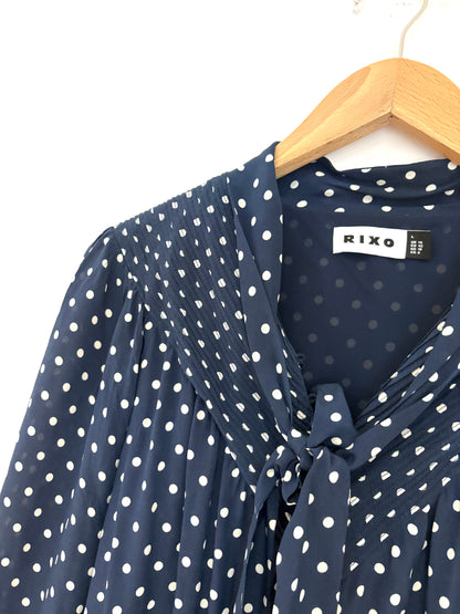 Rixo Navy Polka Dot Silk Midi Dress UK 14