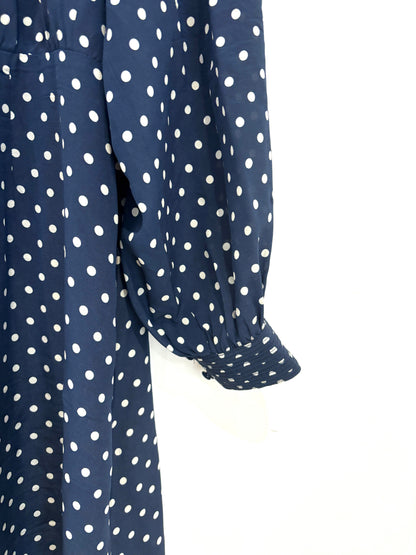 Rixo Navy Polka Dot Silk Midi Dress UK 14