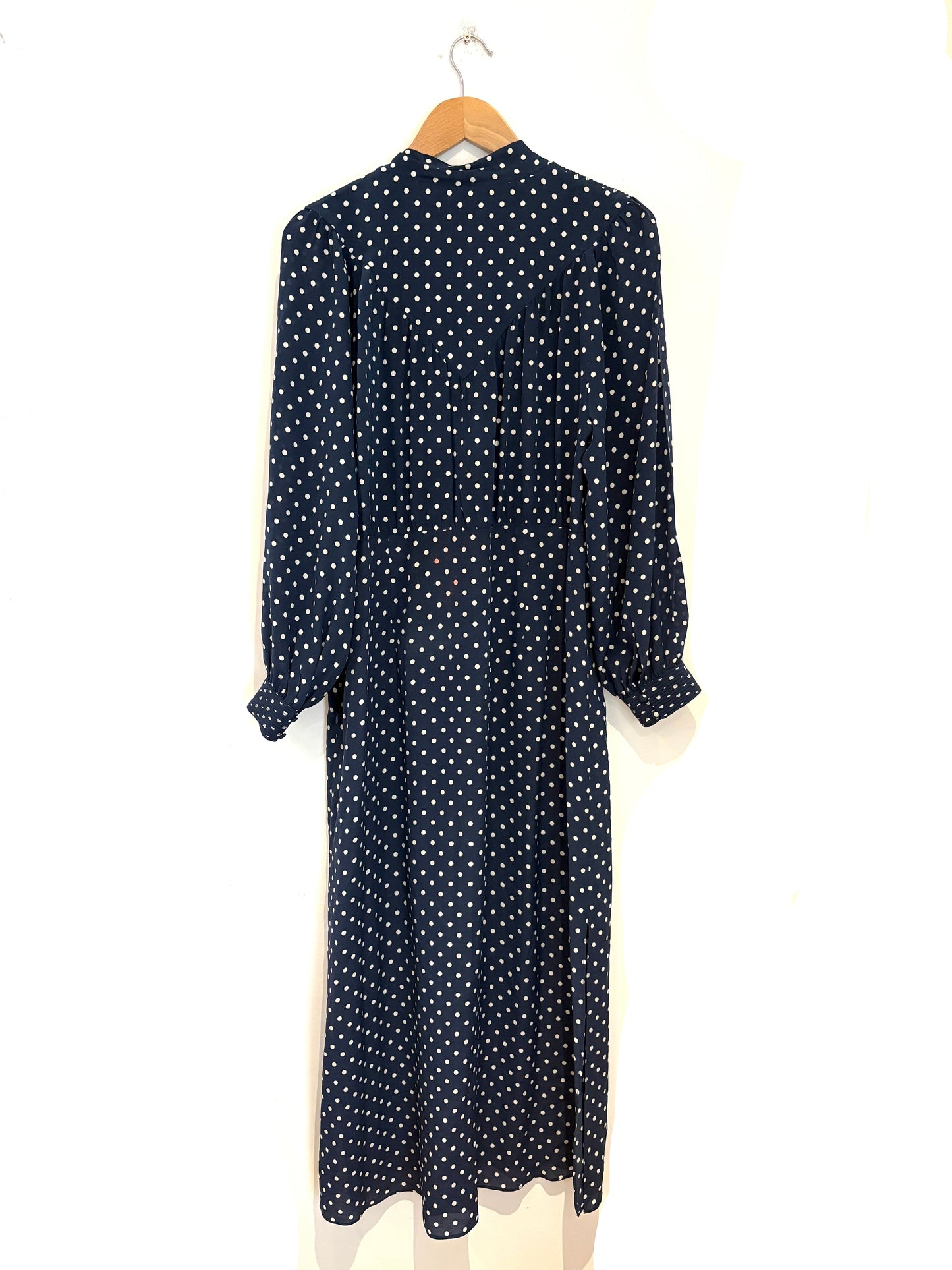 Rixo Navy Polka Dot Silk Midi Dress UK 14