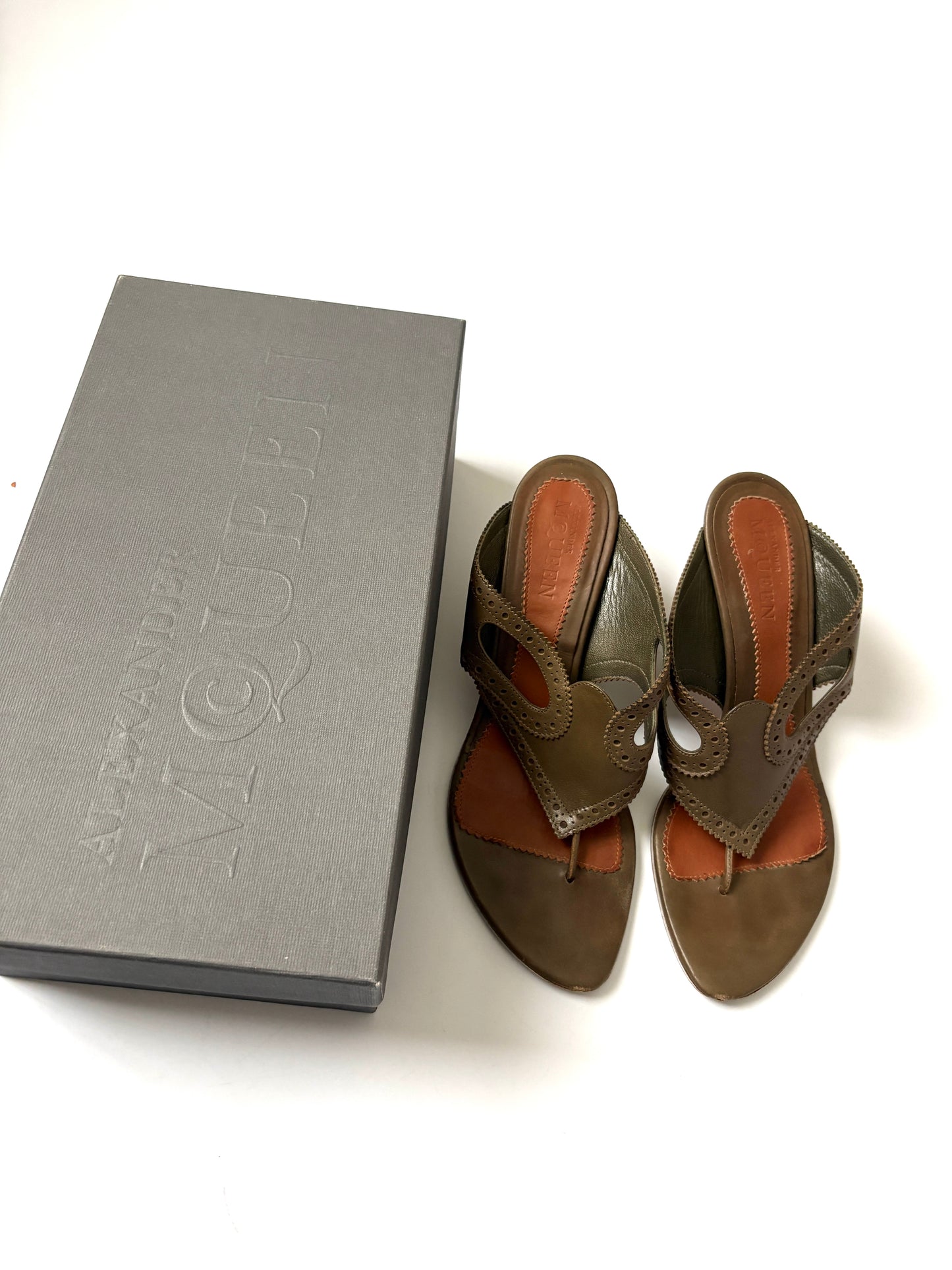Alexander Mcqueen Leather Perforated Khaki Heels UK 5