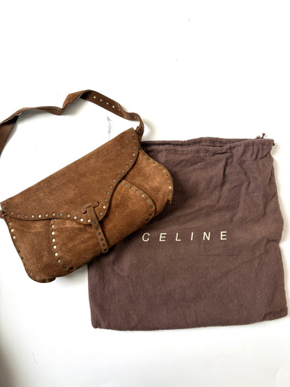 Celine Vintage Brown Suede Studded Shoulder Bag