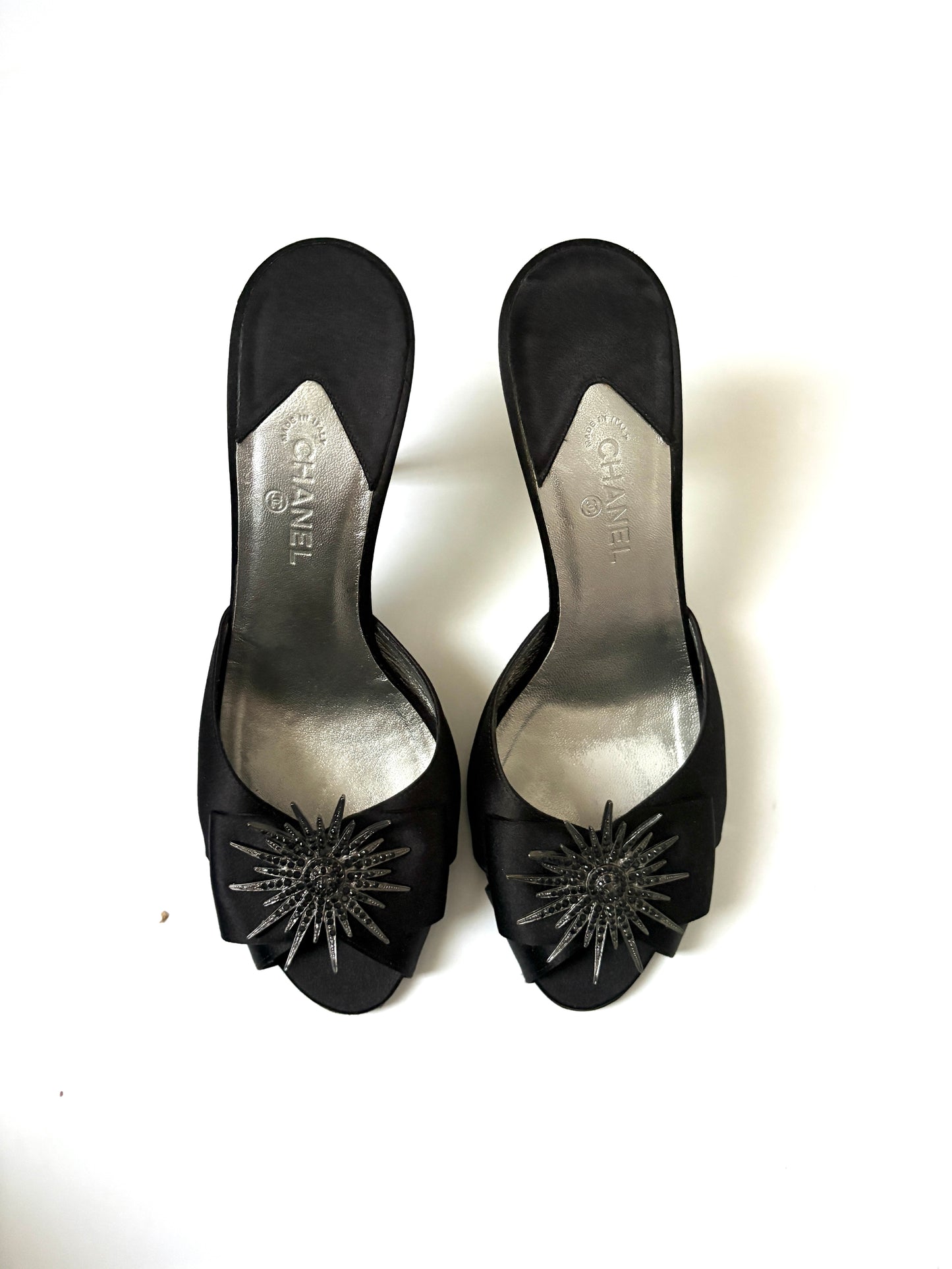 chanel black satin sandals