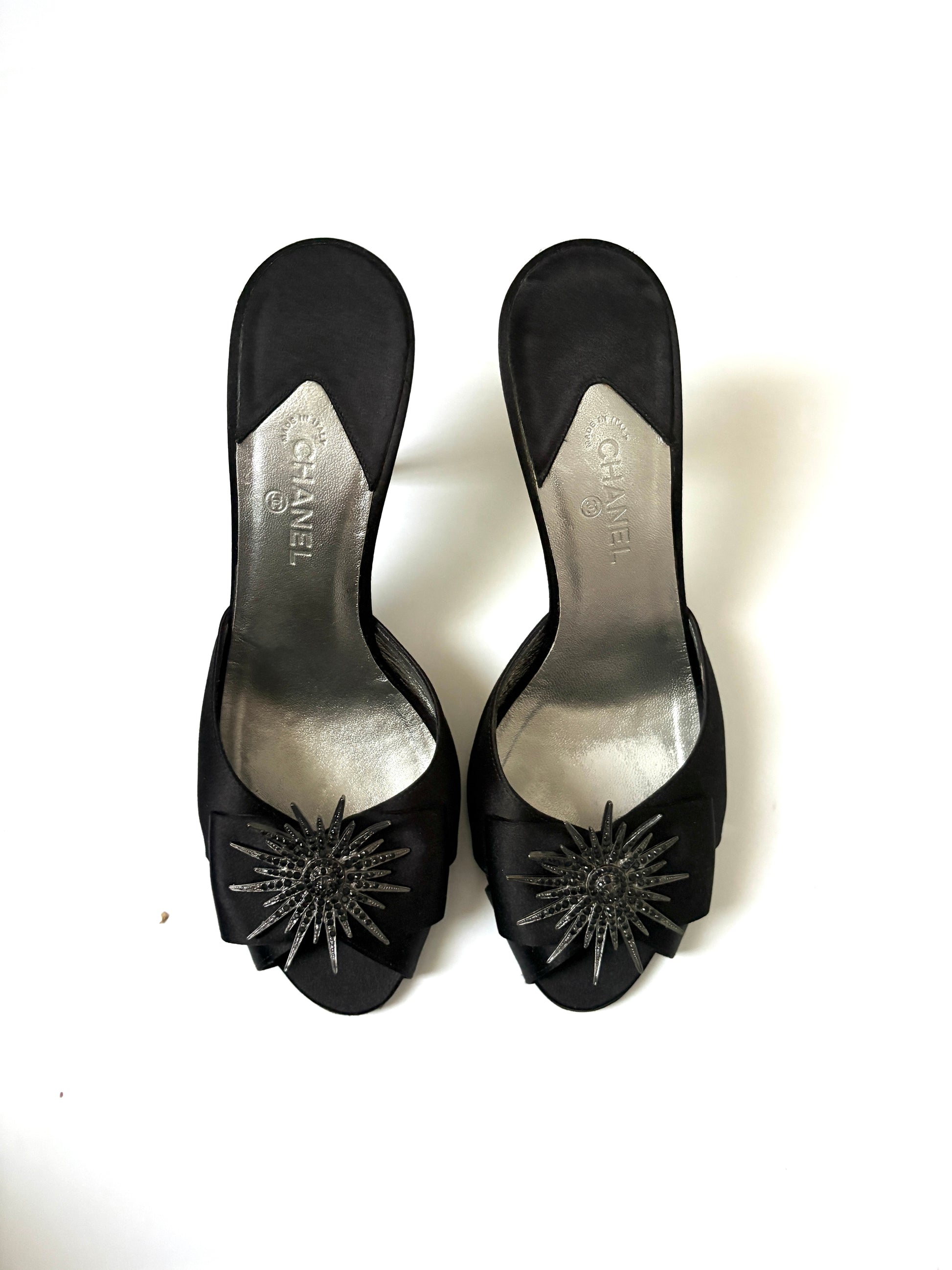 chanel black satin sandals