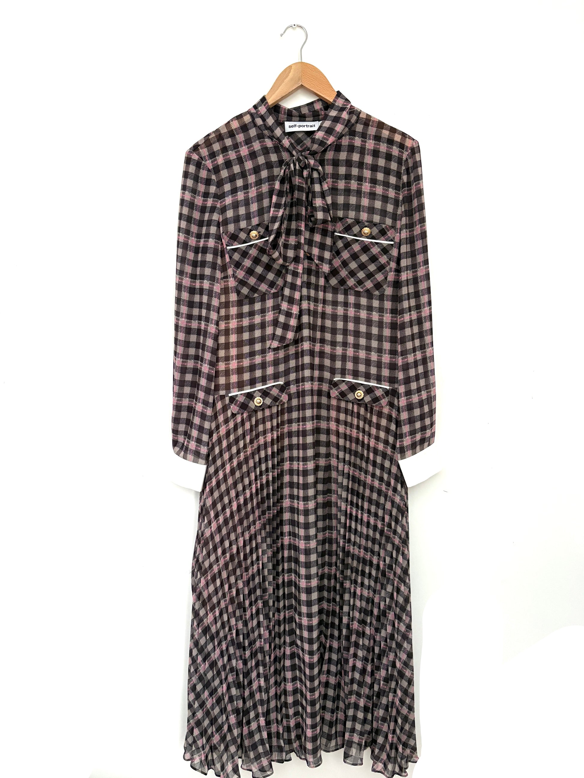 Self Portrait Checked Chiffon Midi Dress