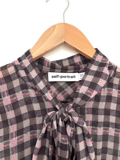 Self-Portrait Brown Check Chiffon Midi Dress UK 12