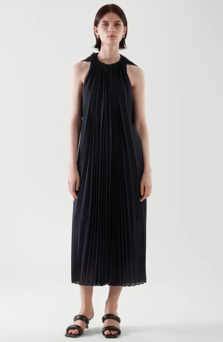 COS Navy Pleated Midi Dress UK 8