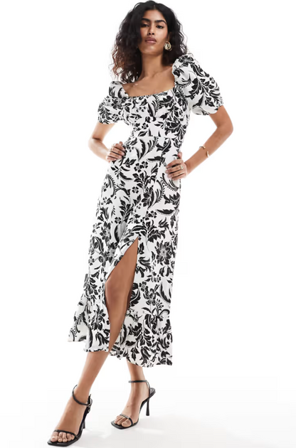 & Other Stories Printed Linen Puff Sleeve Dress UK 8
