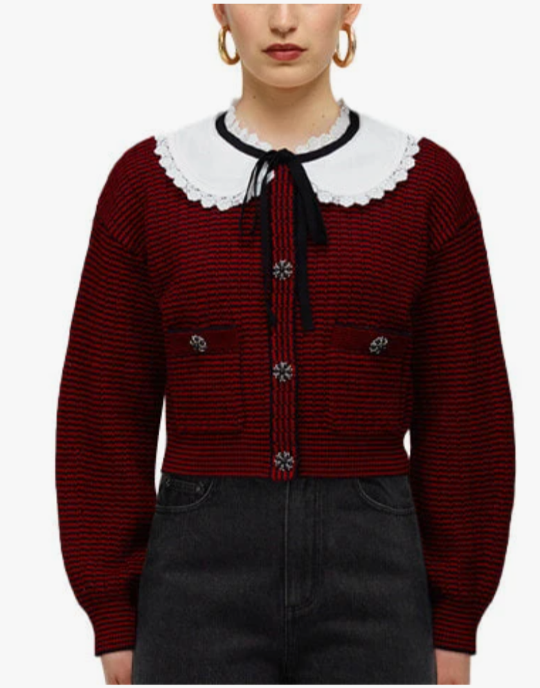 Self-Portrait Striped Lace Up Collar Cardigan S