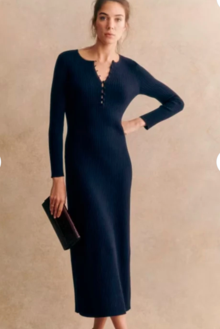 Sezane Navy Wool Cotton Dress M