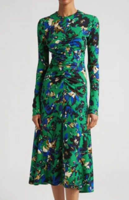 Erdem Floral Print Ruched Midi Dress UK 12