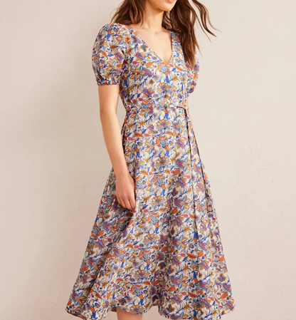 Boden Full Panelled Linen Blend Midi Dress UK 12